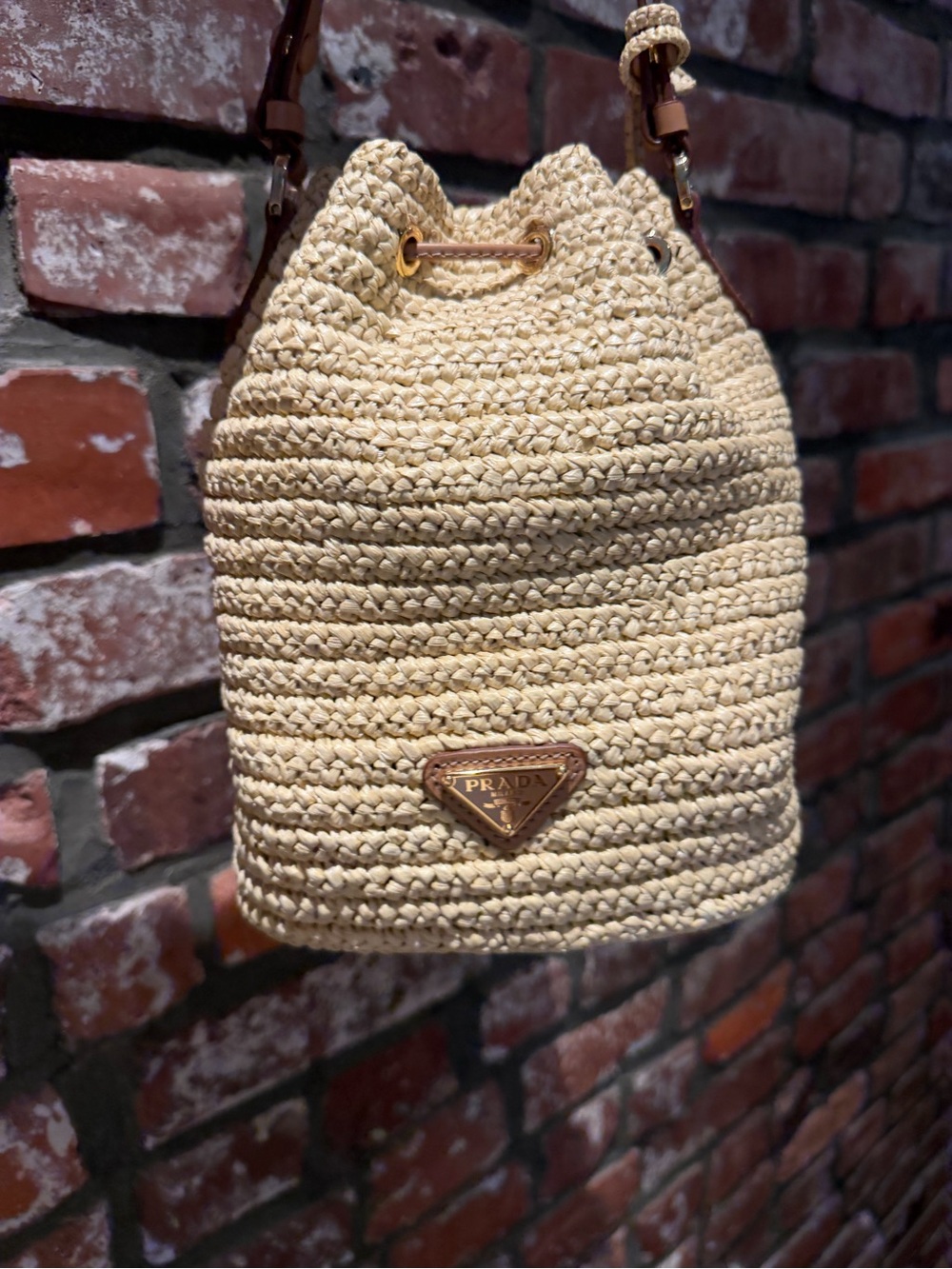 Prada Beige Straw Crochet Bucket Bag with Tan Leather Trim - Picture 3 of 5